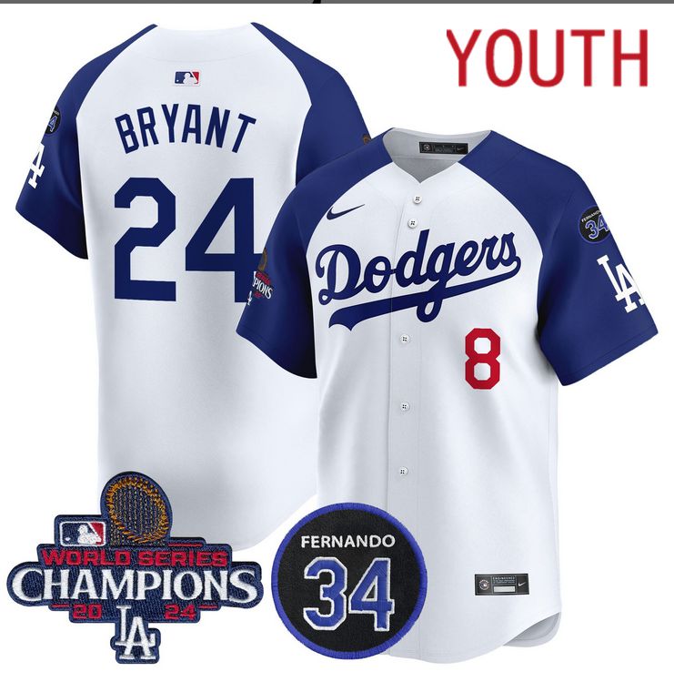 Youth MLB Los Angeles Dodgers #24 Bryant white 2024 World Series Champions Patch Limited Jersey style 2->youth mlb jersey->Youth Jersey